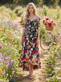 Black 3D Floral Applique Off Shoulder Midi Evening Dress