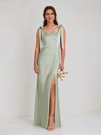Sage Satin Spaghetti Straps Sleeveless Floor Length Dress With High Slit