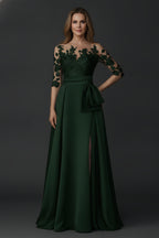 Elegant Lace Illusion Bodice Evening Gown with Bow