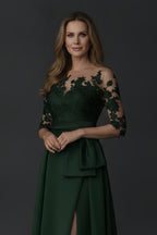 Elegant Lace Illusion Bodice Evening Gown with Bow