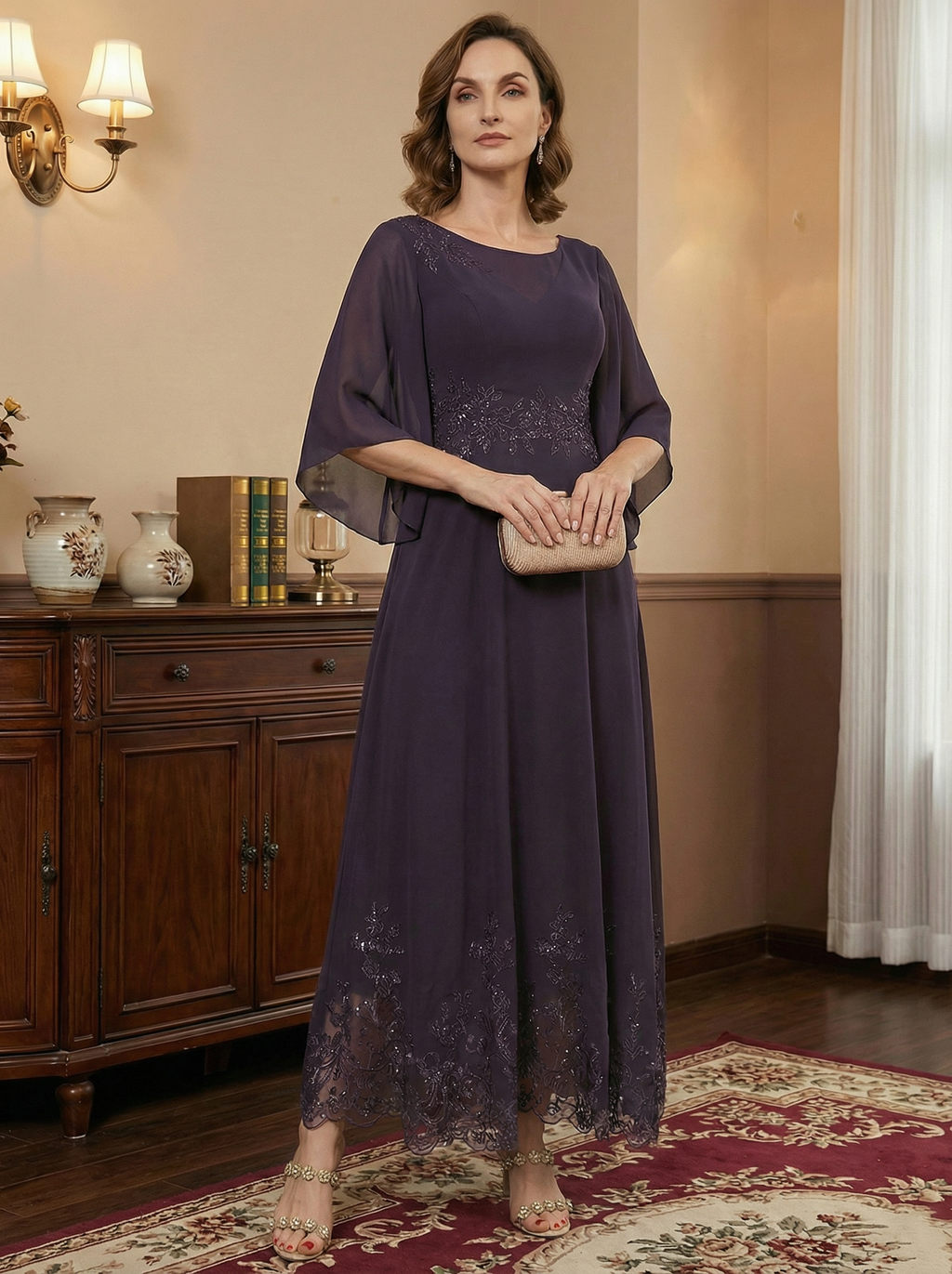 Vestido largo hasta el tobillo línea A con escote ilusión, encaje y gasa para madre de la novia con lentejuelas