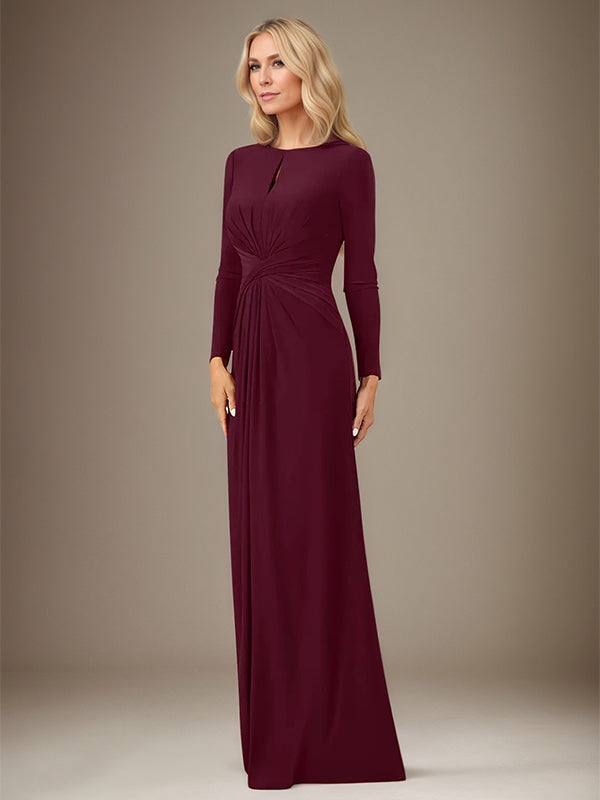 A Line Cabernet Stretch Crepe Scoop Neck Long Sleeves Floor Length Dress