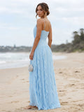 Sky Blue Halter Neck Pleated Ruffle Chiffon Maxi Evening Dress