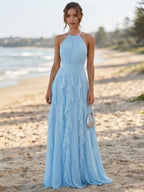 Sky Blue Halter Neck Pleated Ruffle Chiffon Maxi Evening Dress