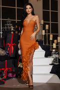 Elegant Strapless Feather Trim High Slit Maxi Evening Dress