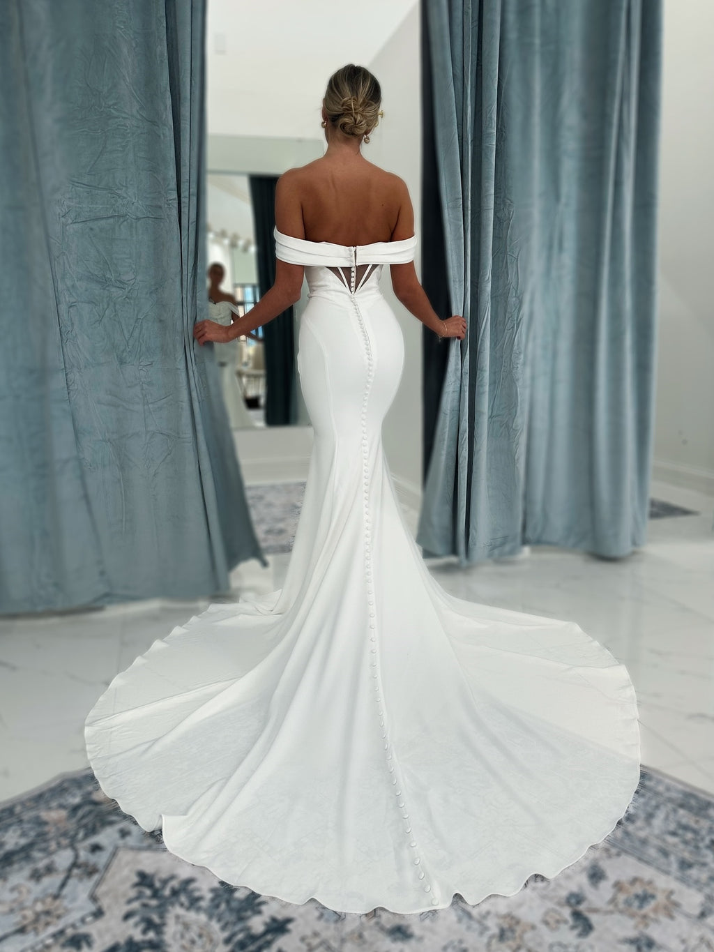 Satin Off the Shoulder Minimalist Wedding Dress With Long Train