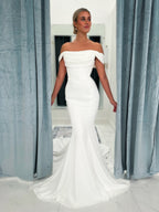 Satin Off the Shoulder Minimalist Wedding Dress With Long Train