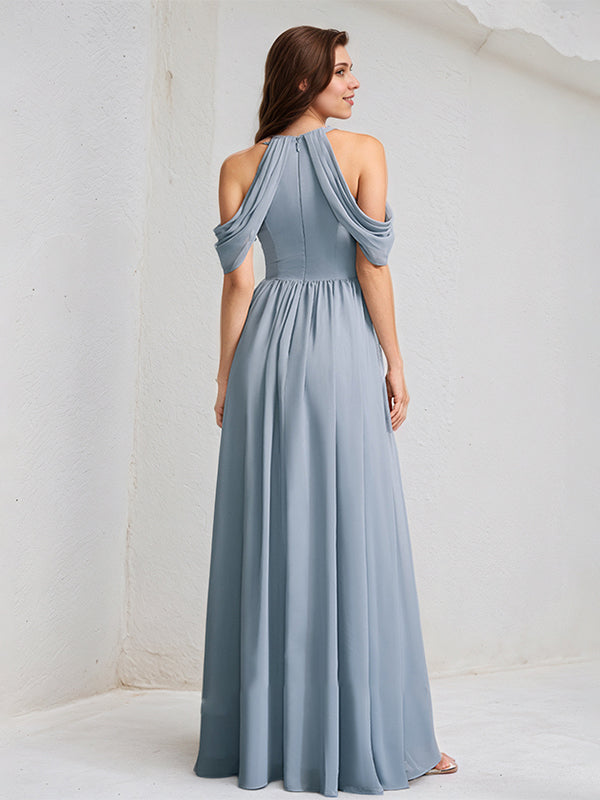 Abito da damigella a linea A in chiffon blu polvere con collo alto e lunghezza fino a terra