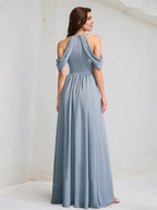 Abito da damigella a linea A in chiffon blu polvere con collo alto e lunghezza fino a terra
