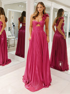 Fuchsiafarbenes A-Linien Ein-Schulter Metallic langes Ballkleid mit Schlitz