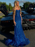 Light Blue Mermaid Spaghetti Straps Long Prom Dress with Beading