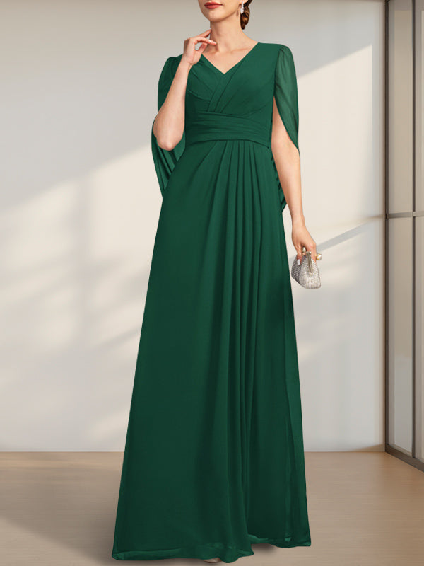 A-Linien V-Ausschnitt bodenlanges Chiffonkleid für die Brautmutter mit Falten