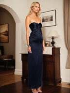 Marineblaues Etuikleid/Schlauch mit herzförmigem Ausschnitt, ärmelloses Satin Kleid für die Brautmutter