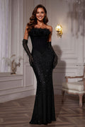 Strapless Mermaid Maxi Dress with Corset Bodice and Feather Trim