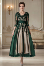 Elegant Floral Lace Applique Midi Dress with Sheer Sleeves