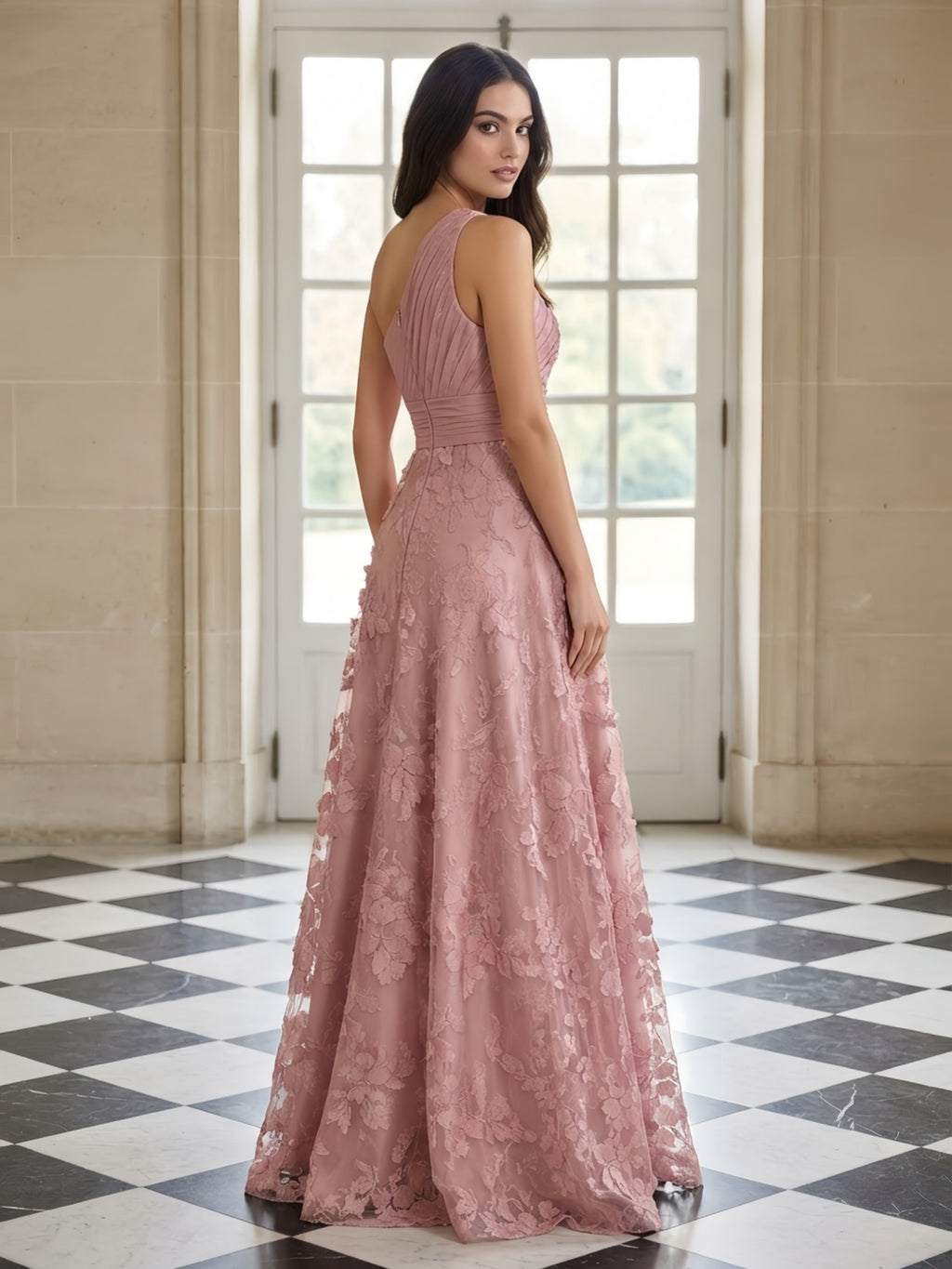 One-Shoulder Pleated Satin Lace Applique A-Line Evening Gown