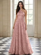 One-Shoulder Pleated Satin Lace Applique A-Line Evening Gown