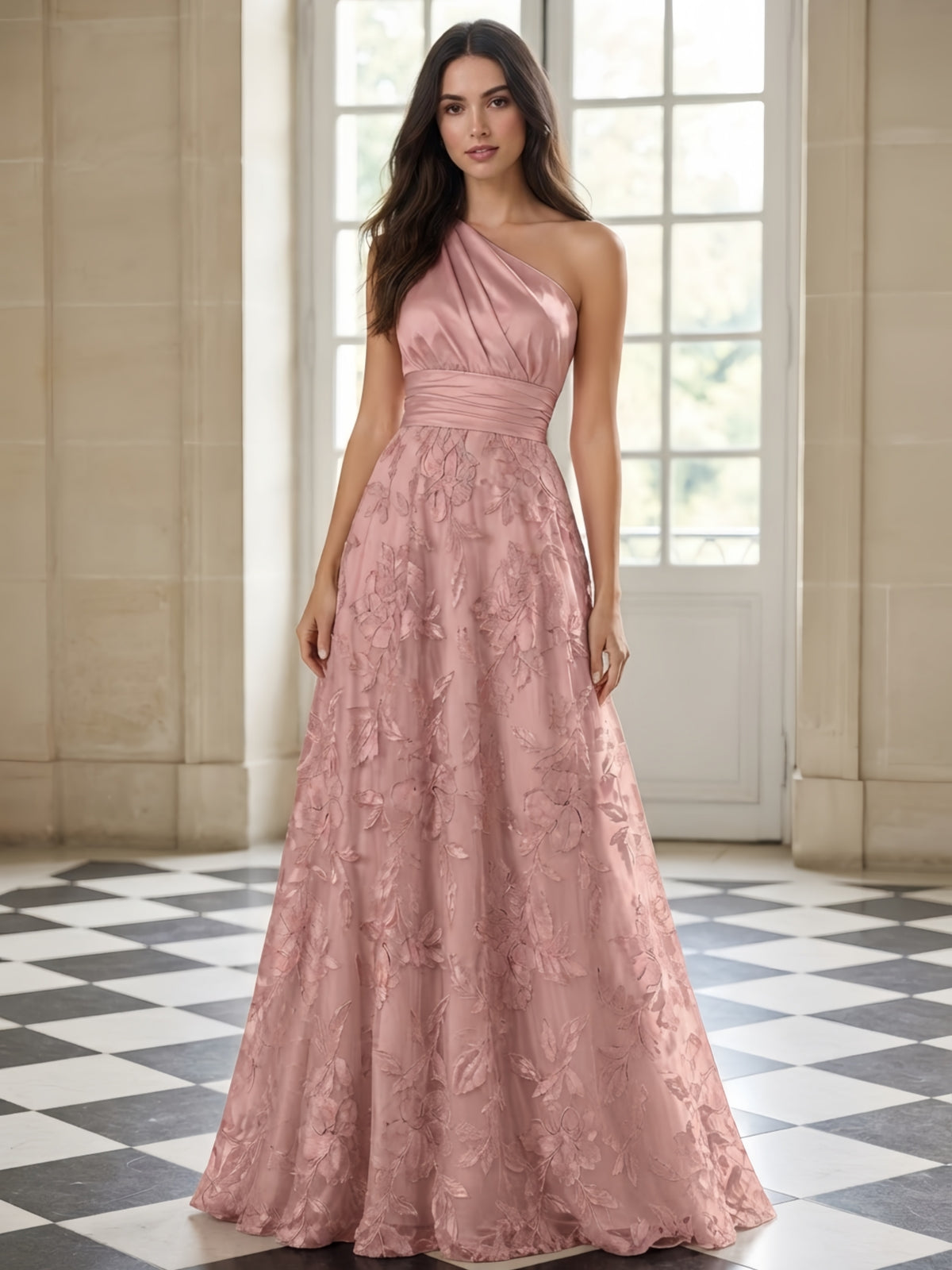 One-Shoulder Pleated Satin Lace Applique A-Line Evening Gown