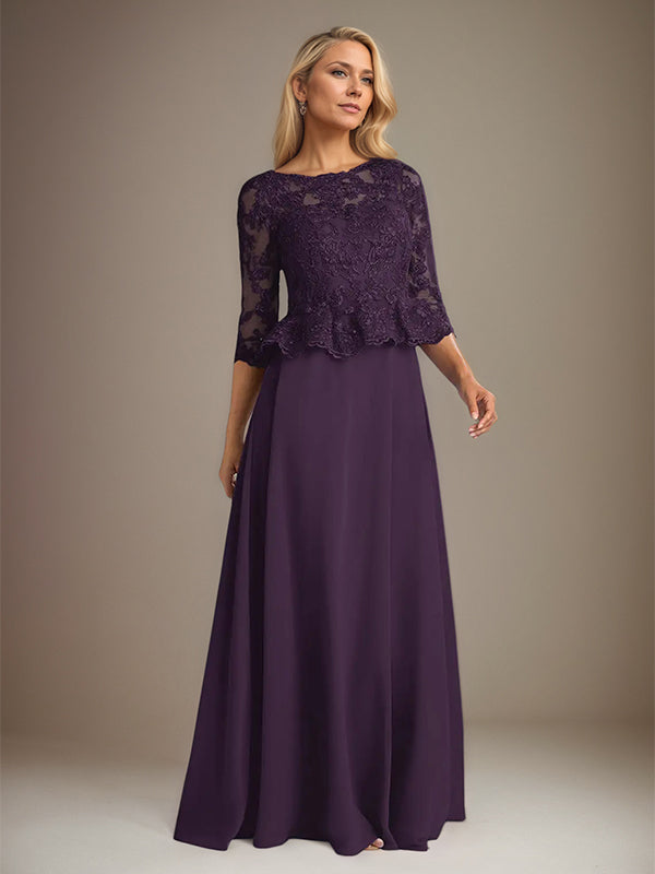 Vestido longo de chiffon ameixa, modelo evasê, decote canoa, mangas 3/4 e apliques