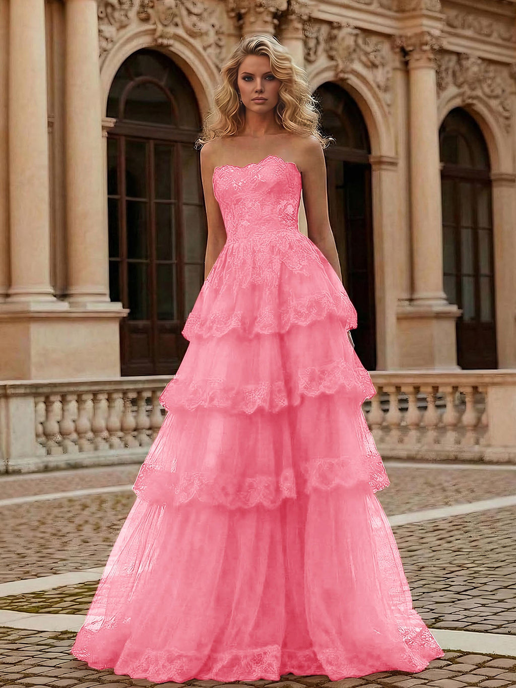 Vestido longo de baile tomara que caia com corpete de renda em camadas e saia de tule vermelha corte evasê