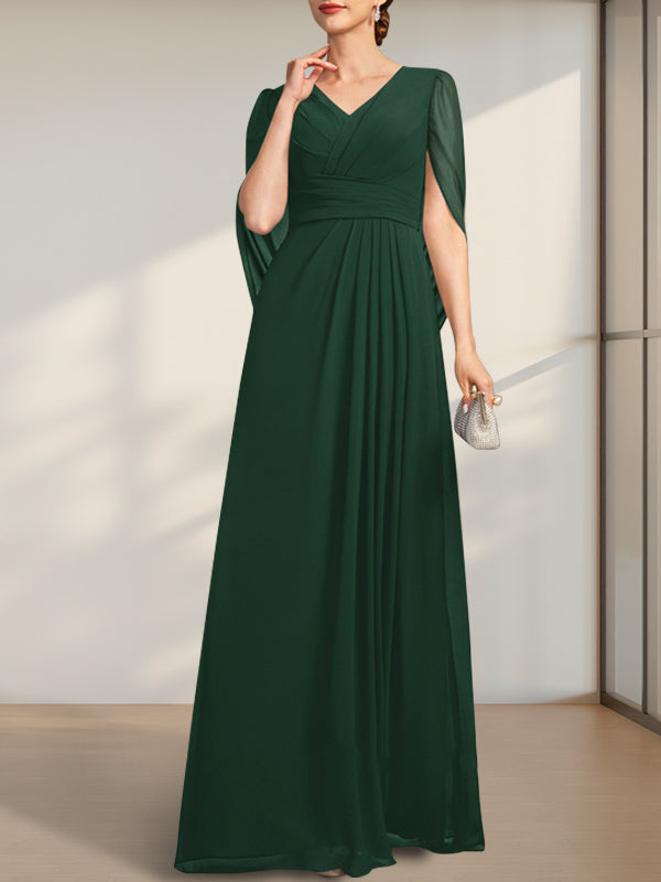 A-Linien V-Ausschnitt bodenlanges Chiffonkleid für die Brautmutter mit Falten