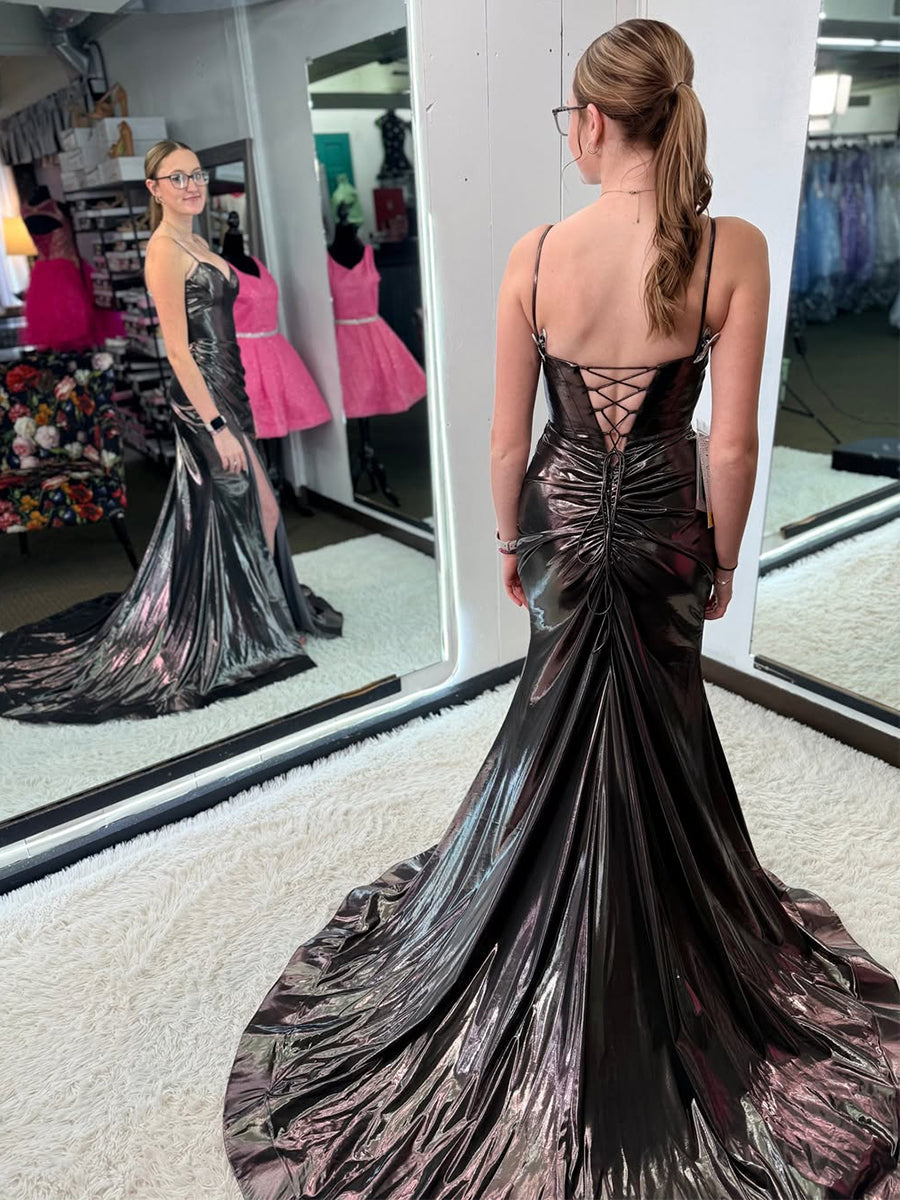 Sleek Liquid Metallic Corset Prom Dress with High Slit