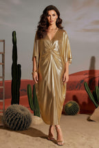 V-Neck Draped Kaftan Maxi Dress For Formal Evening Wear