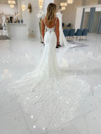 V-Neck Mermaid Lace Appliqued Wedding Dress With Long Train