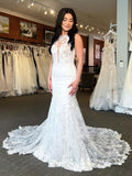 Round Neck Sleeveless Open Back All Over Lace Mermaid Wedding Gown