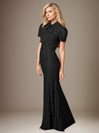Black Chiffon Bow Tie Neckline Short Sleeves Floor Length Dress With Appliques