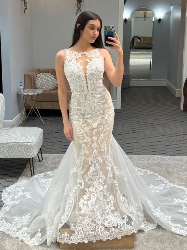 Illusion High-Neck Lace Applique Mermaid Wedding Dress