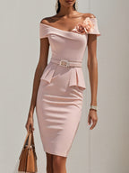 Pink 3D Floral V Neck Short Sleeve Sheath Midi Dress