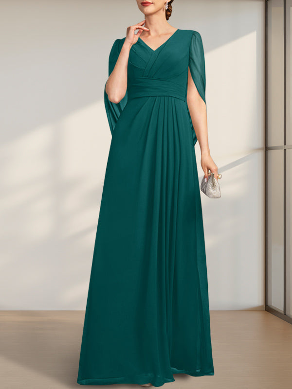 A-Linien V-Ausschnitt bodenlanges Chiffonkleid für die Brautmutter mit Falten
