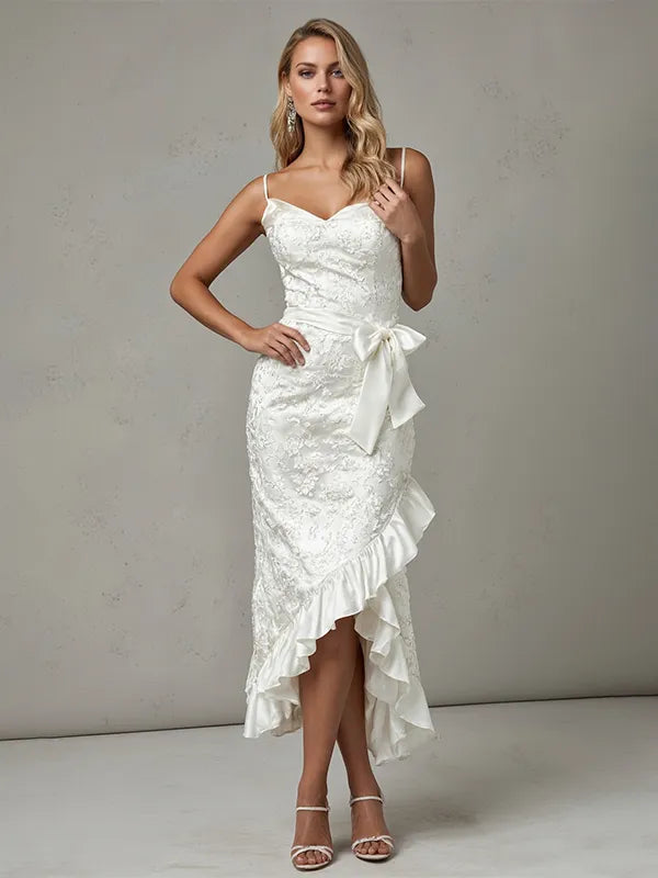 Evening Dress White Strapless Embroidery Slit Ruffled Mid-length Dress