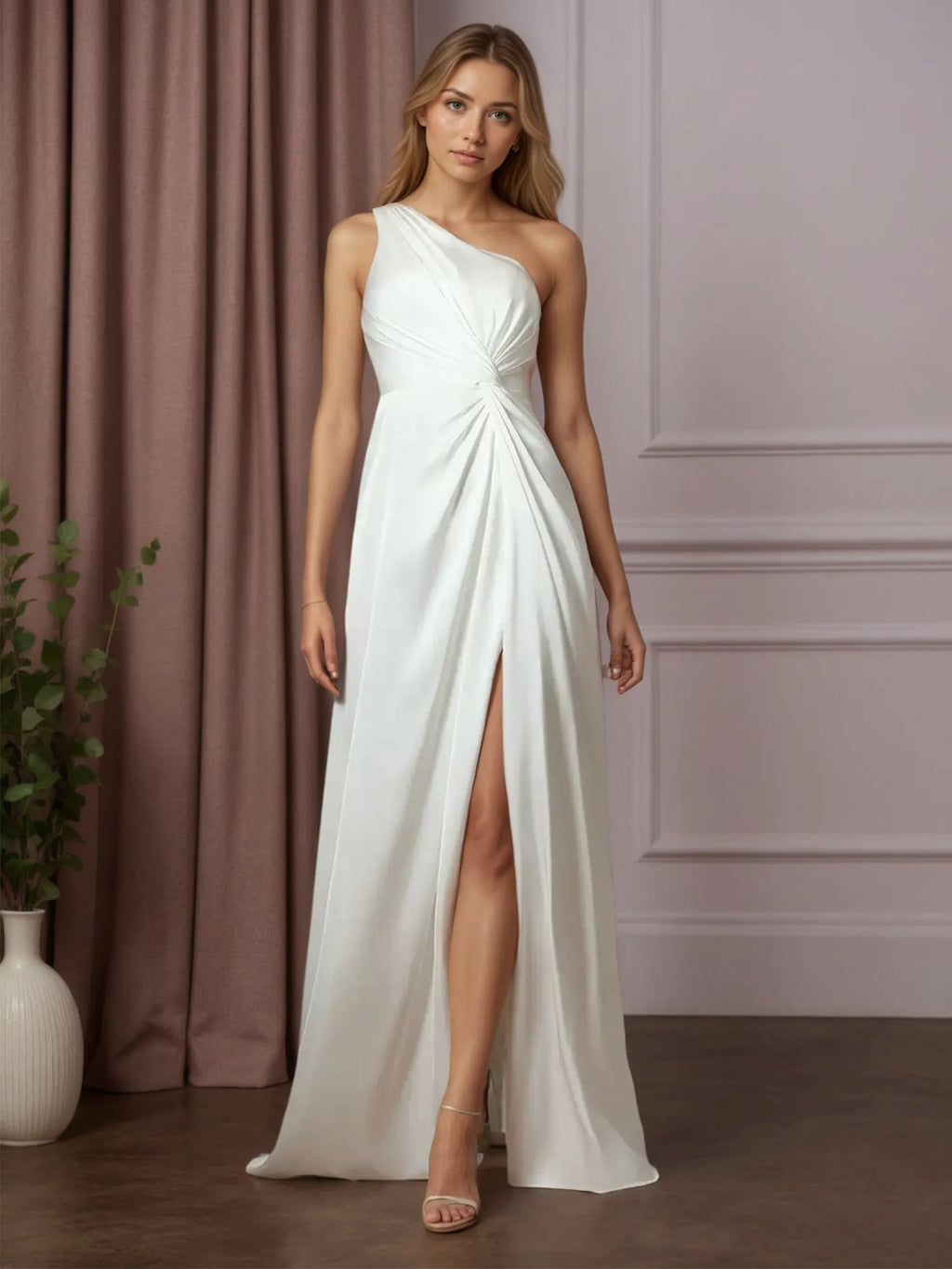 Robe de mariée blanche en satin stretch, coupe A, à une épaule