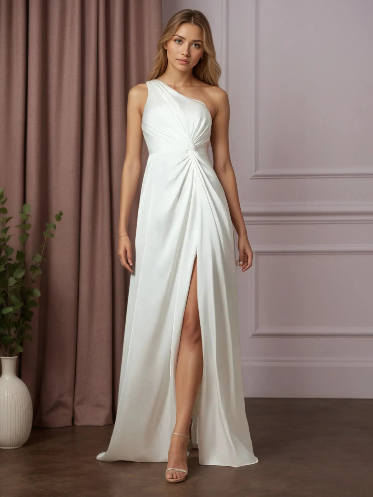 Robe de mariée blanche en satin stretch, coupe A, à une épaule
