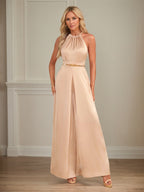 Jumpsuits Neckholder bodenlanges Satin Hochzeitskleid