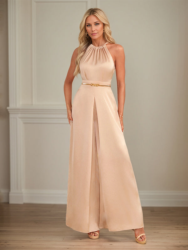 Jumpsuits Neckholder bodenlanges Satin Hochzeitskleid
