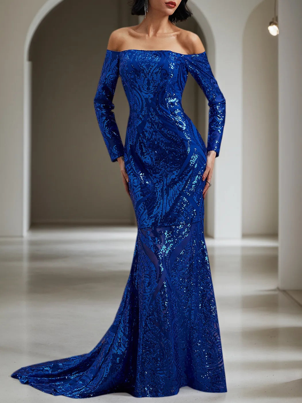 Königsblaues Pailletten-Kleid schulterfrei mit langen Ärmeln, Meerjungfrauen-Schnitt