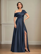 A Line Asymmetrical Floor-Length Satin Mother of the Bride Dress With Pleated