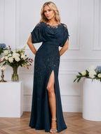 Sheath/Column Scoop Illusion Floor-Length Chiffon Lace Evening Dress With Pleated Sequins Beading