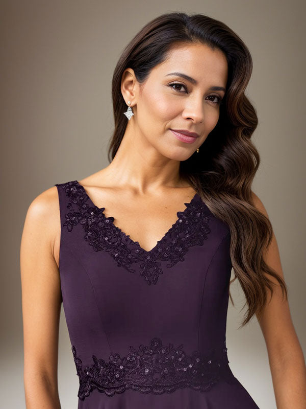 Pflaume A-Linie Pailletten Chiffon Kleid