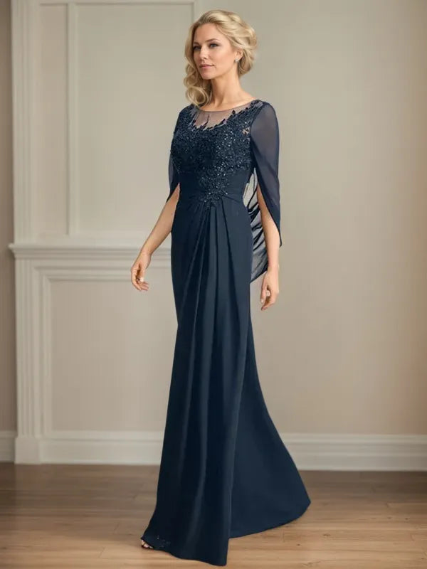 A Line Scoop 3/4 Sleeve Chiffon Mother of the Bride Dress With Appliques