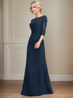 Vestido para madre de la novia en línea A con escote redondo, largo hasta el suelo, gasa, encaje, cuentas, pliegues y lentejuelas