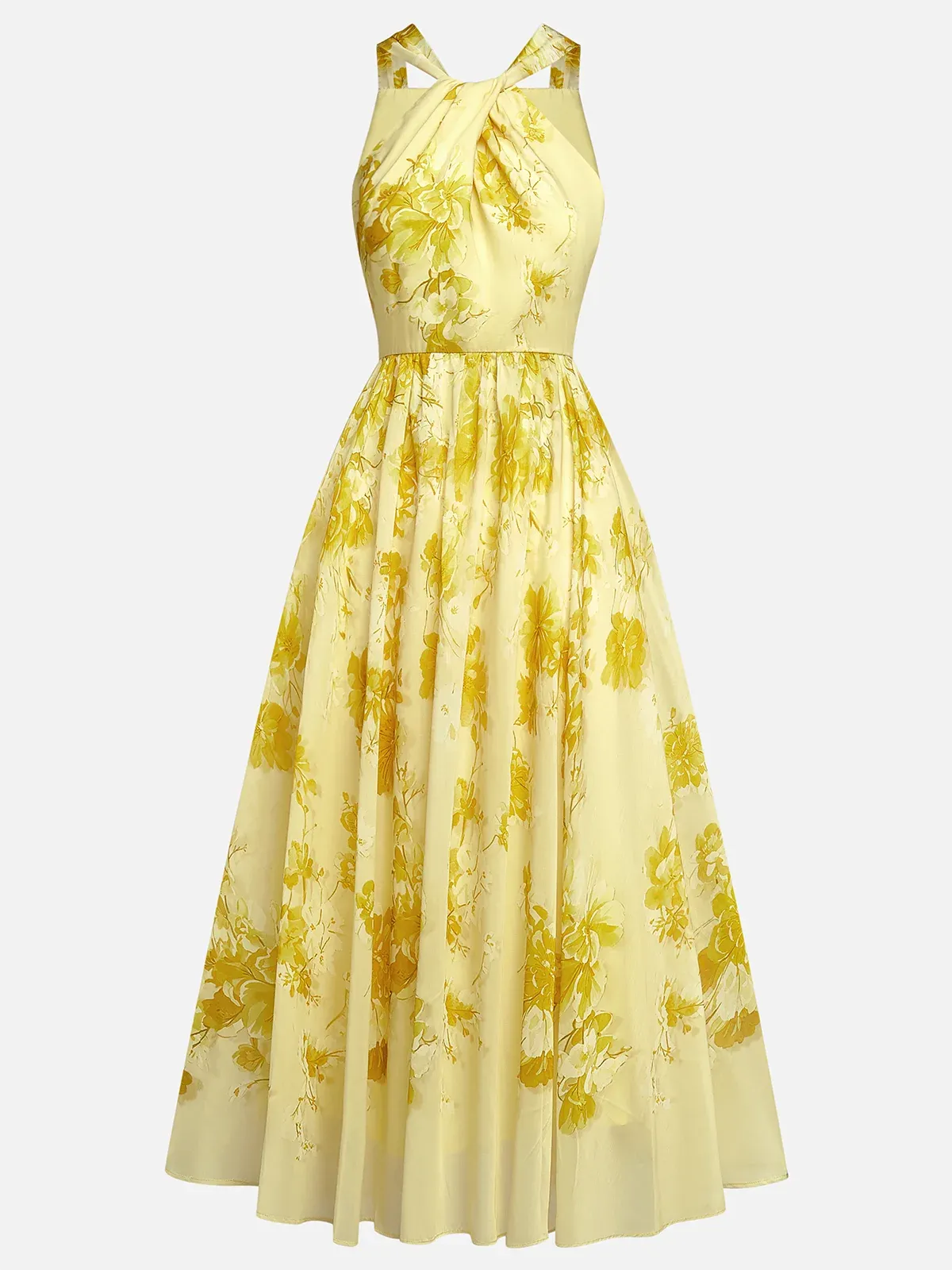 Robe midi jaune en chiffon à fleurs, col halter, sans manches, coupe A