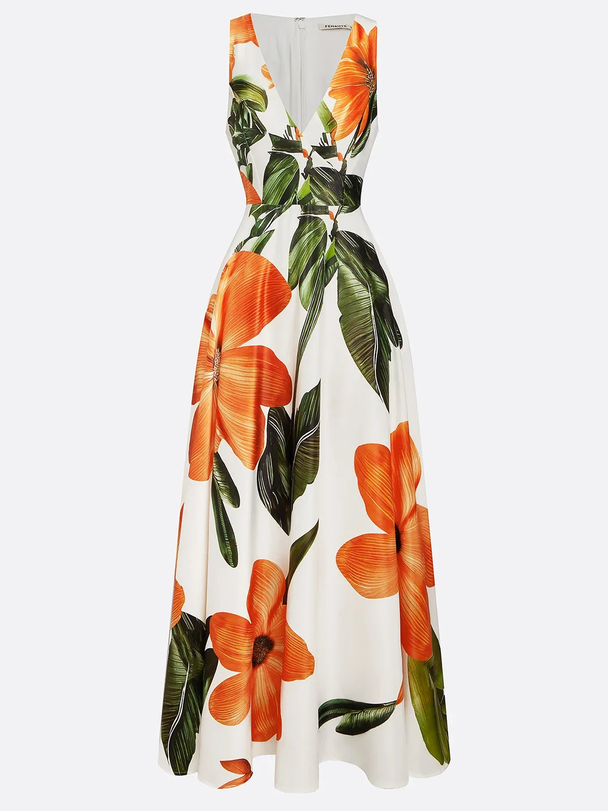 Robe maxi classique orange à fleurs col en V sans manches ligne A