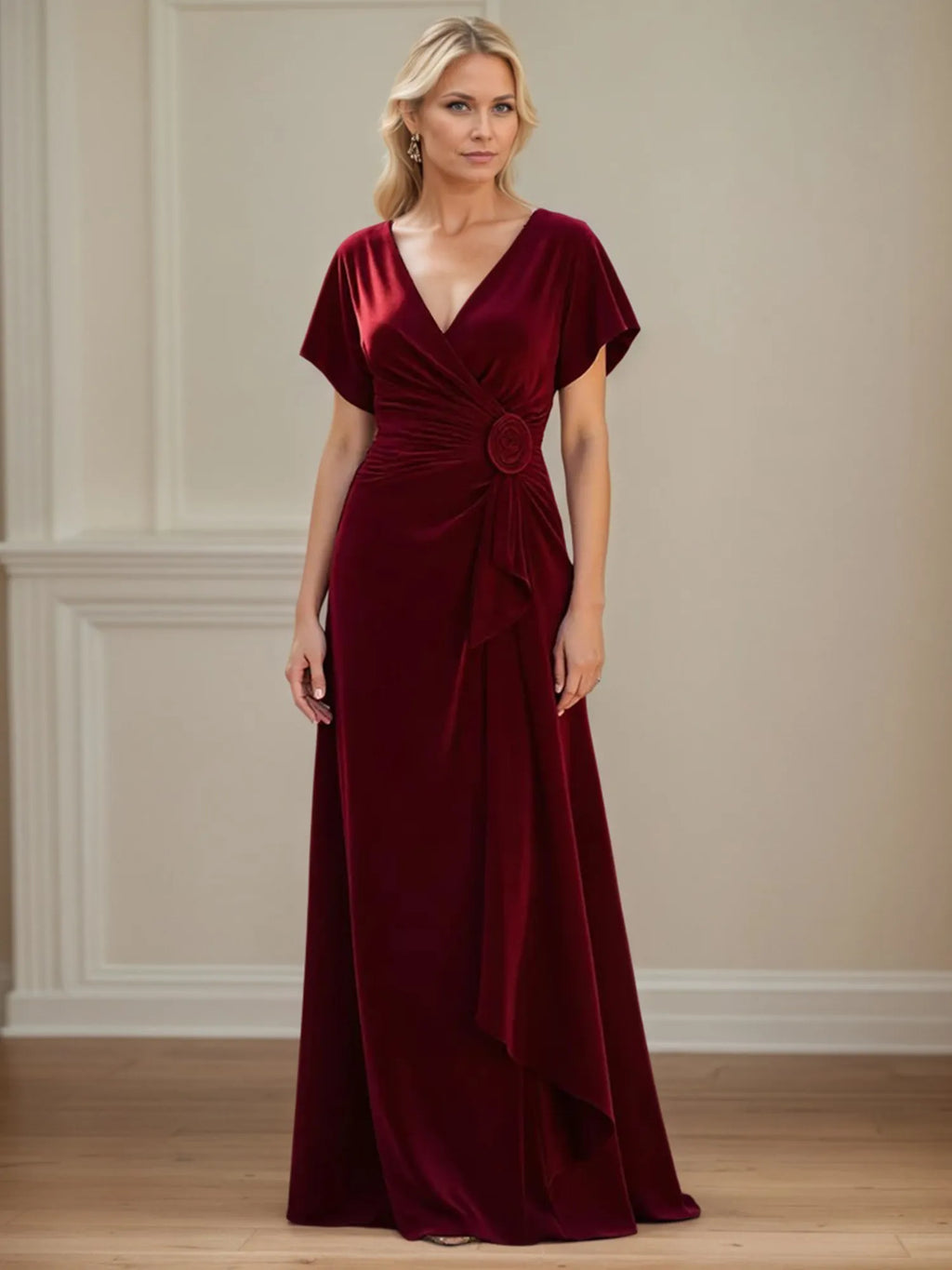 A-Linien V-Ausschnitt gerafftes bodenlanges Kleid für die Brautmutter