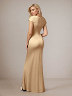 Champagne A-Line Satin V Neck Asymmetrical Mother of the Bride Dress