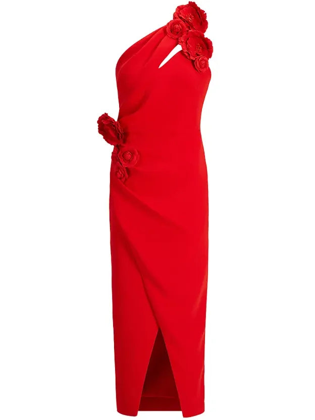 Robe midi rouge à fleurs 3D, une épaule, fourreau
