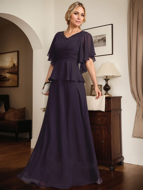 Robe mère de la mariée ligne A en chiffon longue au sol avec décolleté en V et perles plissées